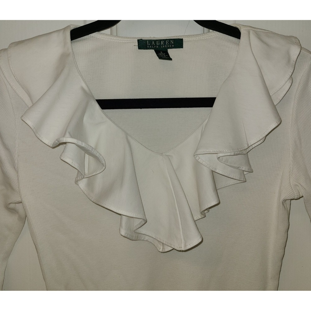 Lauren Ralph Lauren White Ruffle Neck 3/4 Sleeve Ribbed Knit Top - Small